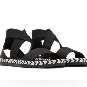 Sorel Ella I Black Leather Arrow Chevron Jute Espadrille Elastic Sandal EUC SZ 9